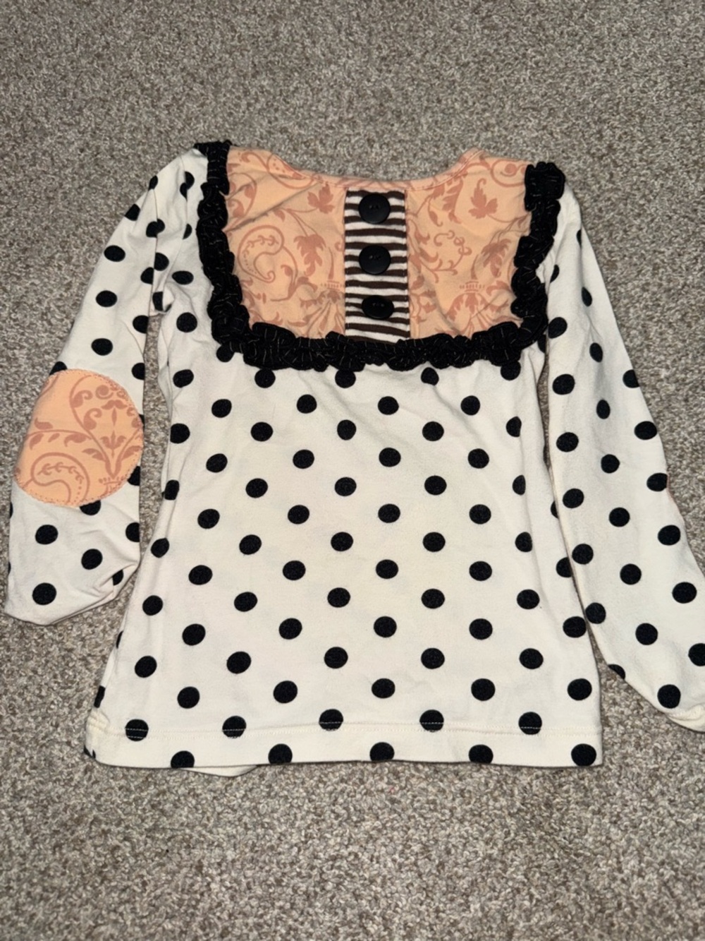 Persnickety Black & White Polka Dot Long Sleeve Top with Peach Yoke
